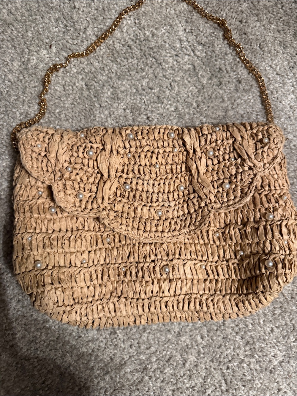 J. Crew Tan Woven Straw Shoulder Bag with Pearl Accents